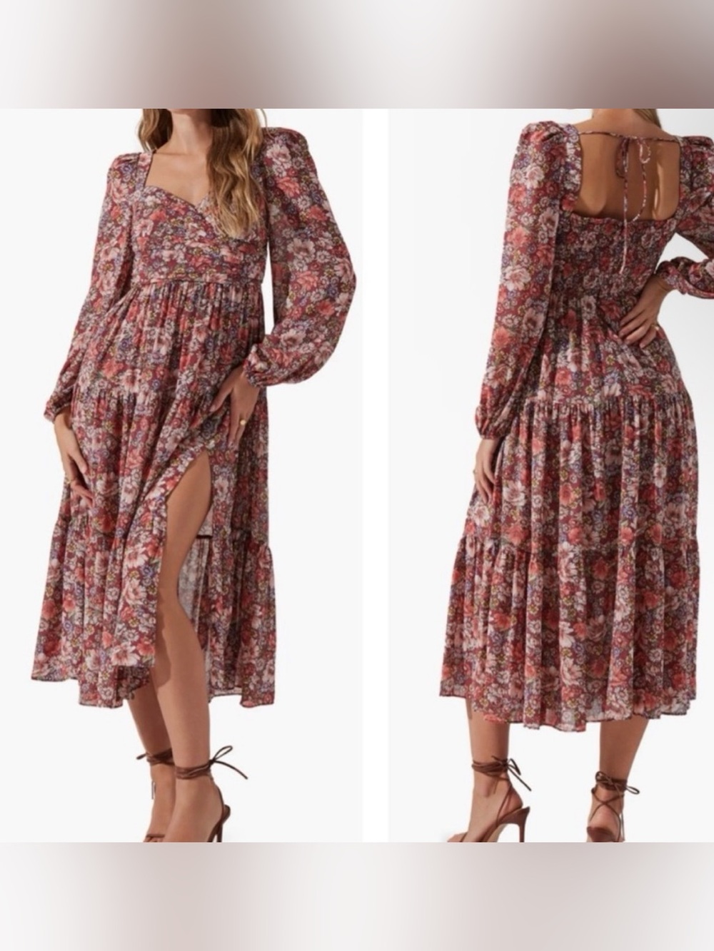 ASTR The Label Floral Pleated Midi Dress Rust Multi Long Sleeve Smocked M NWT